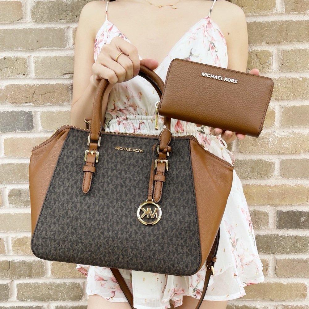 BUNDLE Michael Kors satchel + wallet brown MK - Picture 2 of 8